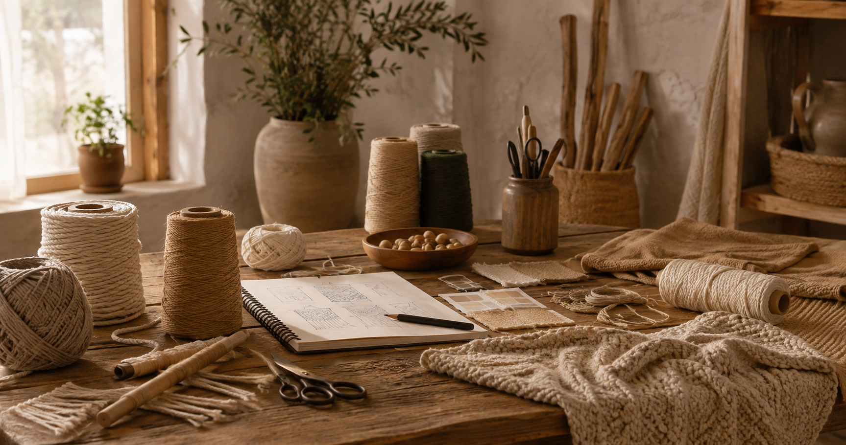 Materiales, hilos, tejidos, herramientas y cuaderno de diseño sobre una mesa de trabajo